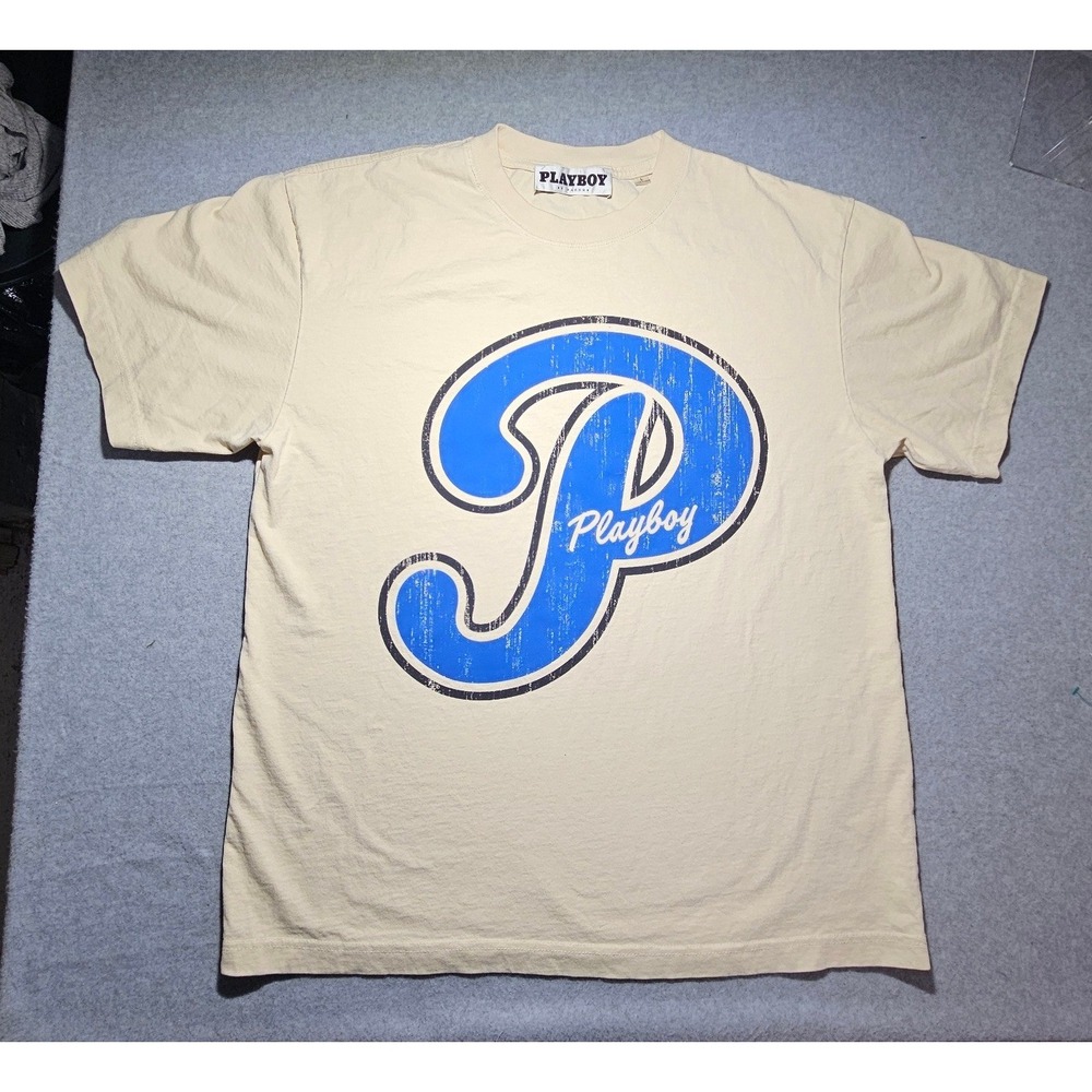 Playboy by PacSun Mens Large Graphic T-Shirt Tan Blue Distressed Logo Tee